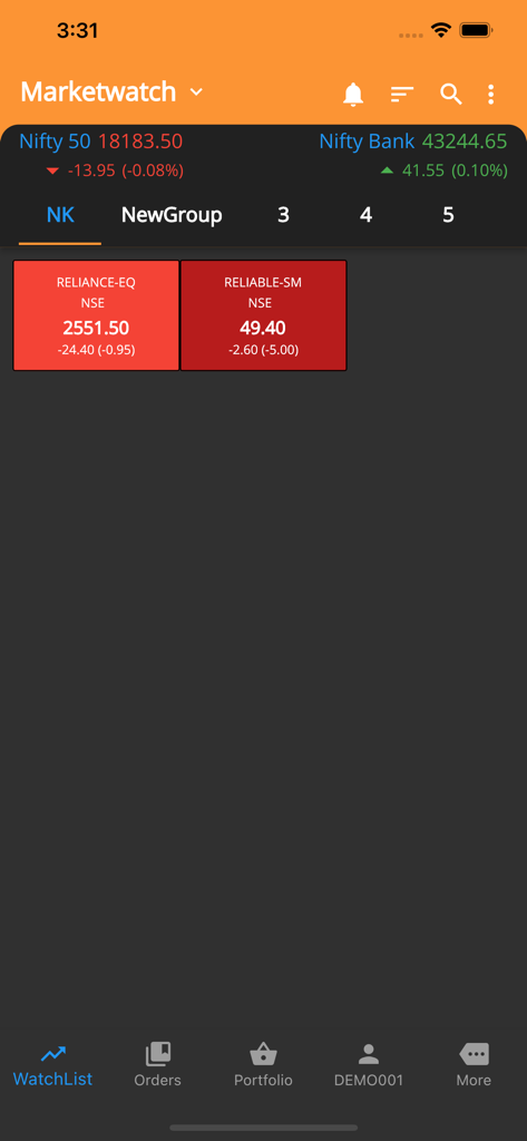 Emkay Blitz - Marketwatch dashboard in the Emkay Blitz mobile app showing Nifty 50 and Nifty Bank performance alongside a stock watchlist.