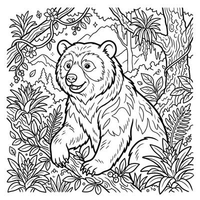 Immerse yourself in the world of the spectacled bear with this captivating coloring page, thoughtfully designed for seniors. Enjoy large print and clear outlines as you bring this unique Andean creature and its lush habitat to life.