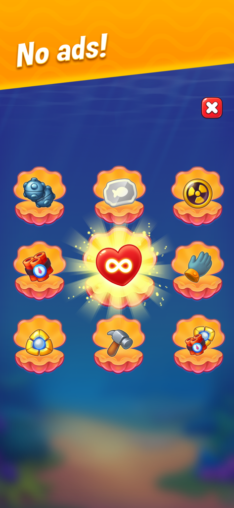 Fishdom - Pantalla de recompensas de Fishdom mostrando potenciadores y un corazón de vidas infinitas