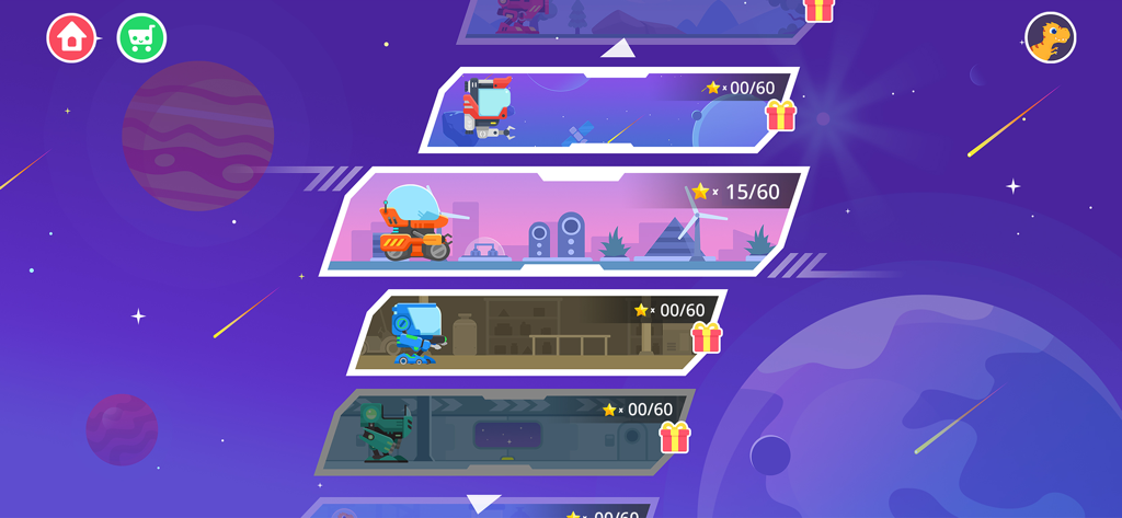 Dinosaur Coding Adventure Kids - Level selection menu in the Dinosaur Coding Adventure app featuring different space mechs and planetary stages with star progress