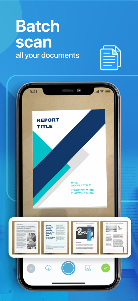 複数のドキュメントページを同時にデジタル化するバッチスキャン機能を示す携帯電話の画面。