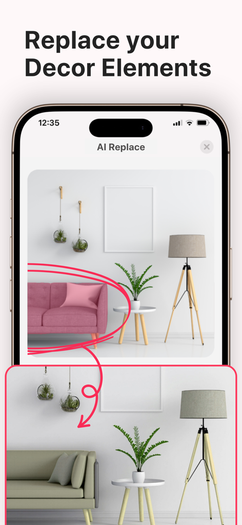 AI Home Design - AI Interior - Interfaz de una aplicación móvil que muestra la función de reemplazo de muebles con IA, donde un sofá rosa se está transformando en uno beige.