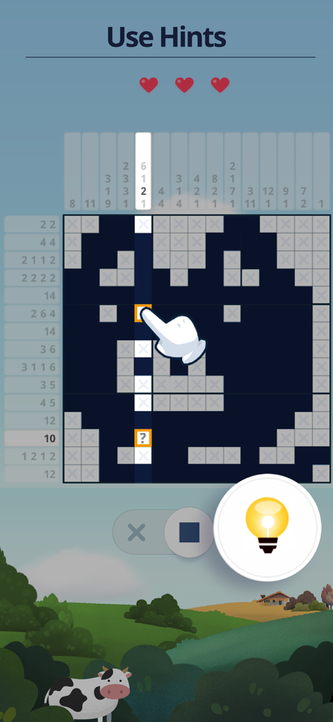Nonogram: Picture Cross Sudoku - Ein Nonogramm-Logik-Rätselspielbildschirm, der eine Hand zeigt, die die Hinweisfunktion verwendet, um ein Pixelkunstbild mit einer Landschaft im Hintergrund mit einer Kuh zu enthüllen.