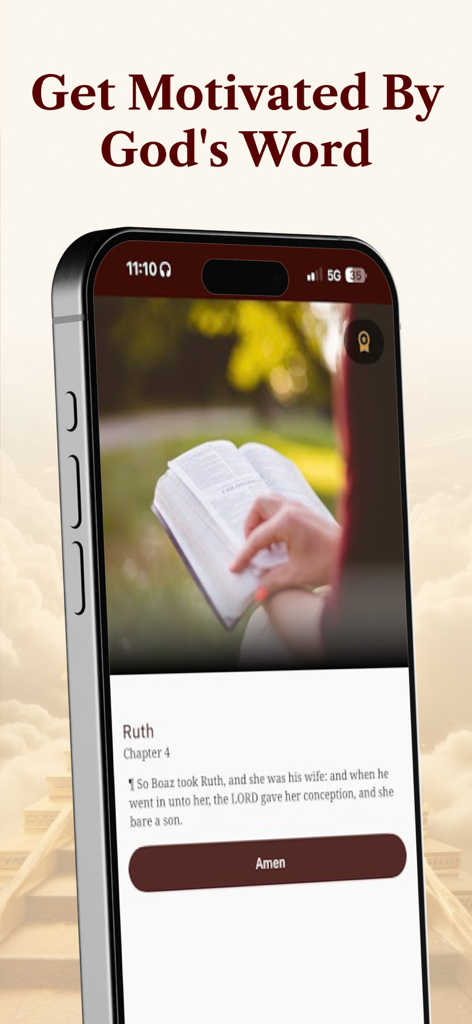 The Bible NIV: You Version - An iPhone displaying a Bible verse from Ruth Chapter 4 with a motivational header