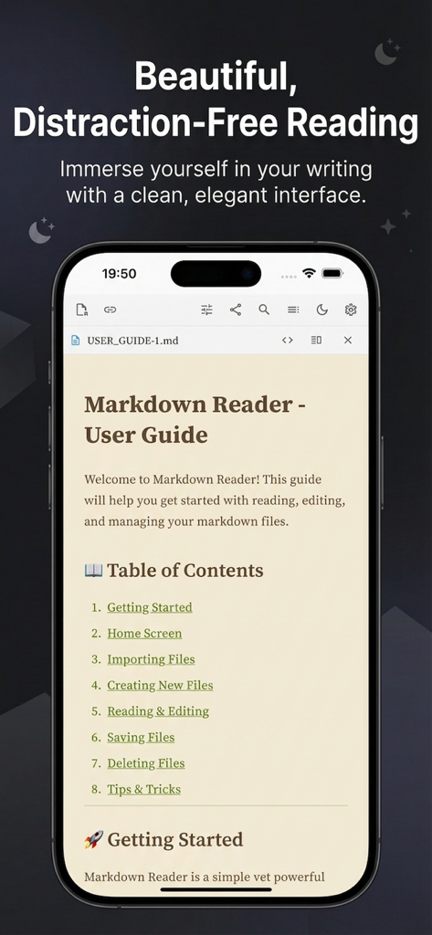 MarkFlow app interface displaying a Markdown user guide with a table of contents and clean typography on a smartphone