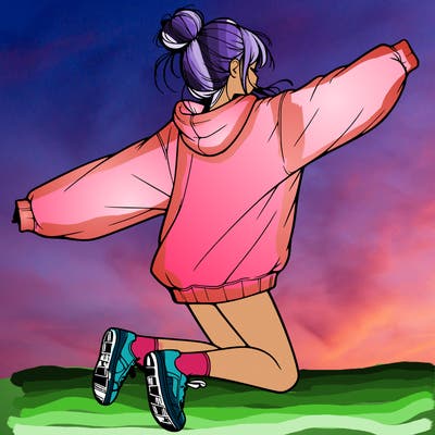 realistic girl jumping with a bun and oversized sweatshirt