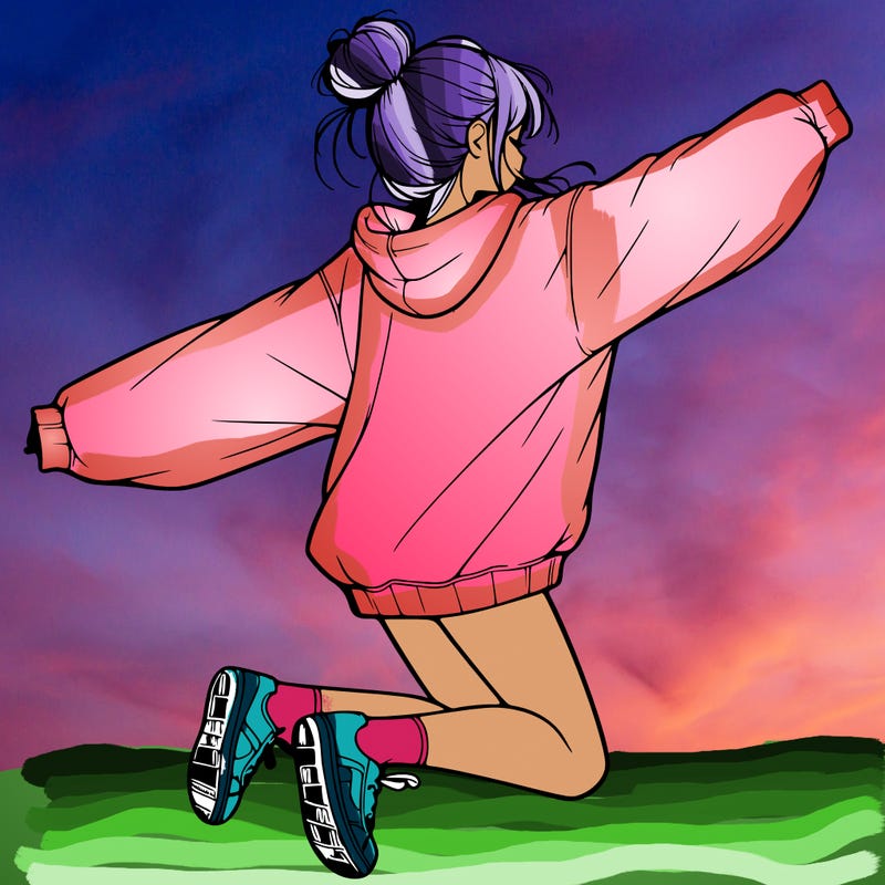 realistic girl jumping with a bun and oversized sweatshirt