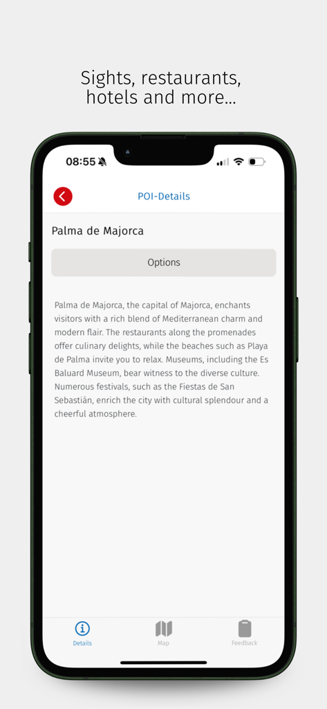Mobile screen showing point of interest details for Palma de Majorca including descriptions of local sights and culture.