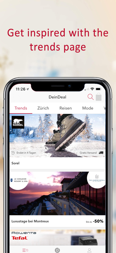 DeinDeal-App-Trends-Seite mit Angeboten für Luxus-Shopping und Reisen