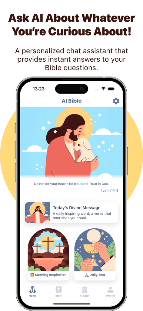 La pantalla de inicio de la aplicación Biblia IA que muestra un versículo diario con una ilustración de Jesús y una indicación para el asistente de chat de IA.