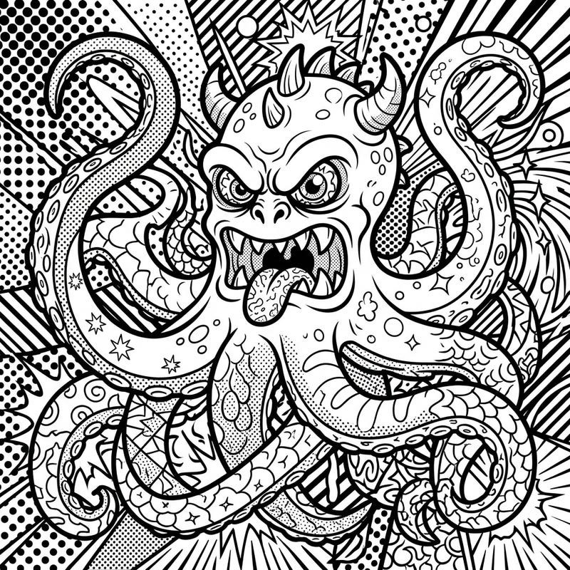 Explore the thrilling fusion of monstrous fantasy and vibrant Pop Art with this unique coloring page. Featuring a fierce tentacled creature amidst dynamic comic book patterns, it promises an exciting coloring adventure for all.