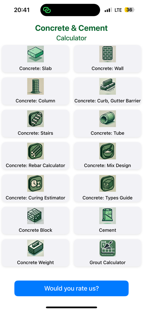 Concrete Calculator Estimator - Main menu of the Concrete and Cement Calculator app showing various construction estimation tools like slab wall stairs and rebar calculators