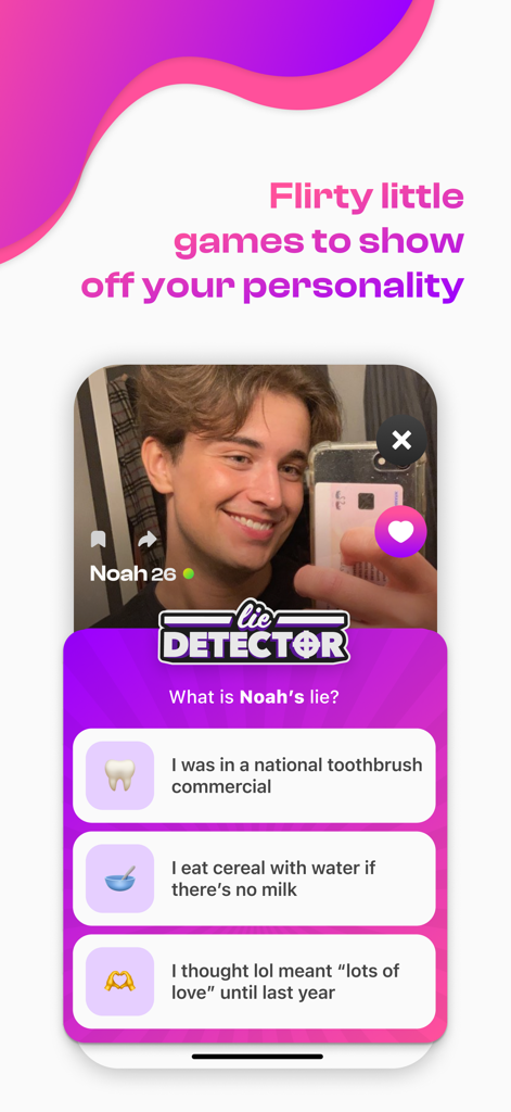 Smitten - a fun dating app - A screenshot of the Smitten dating app showing the Lie Detector game on a user profile to show off their personality.