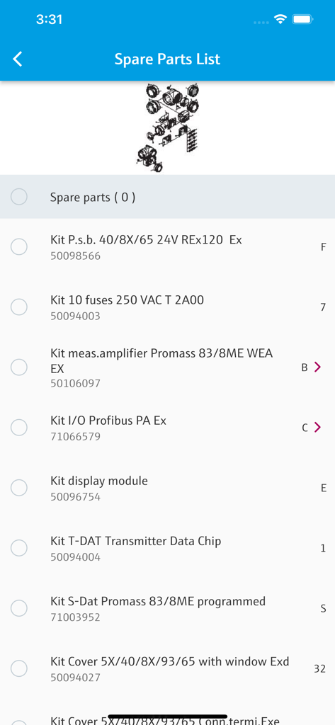 Bildschirm der Endress und Hauser Operations App mit Ersatzteilliste, technischen Diagrammen und Komponenten-Kits
