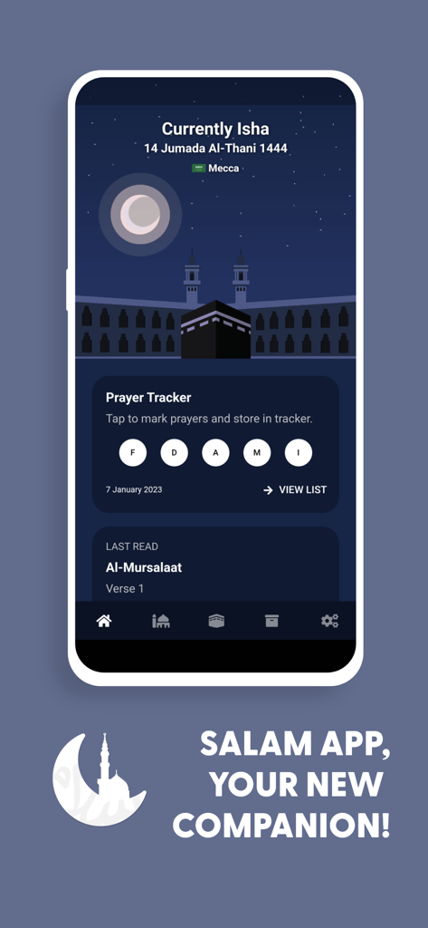Salam App dashboard showing prayer tracker and night theme interface