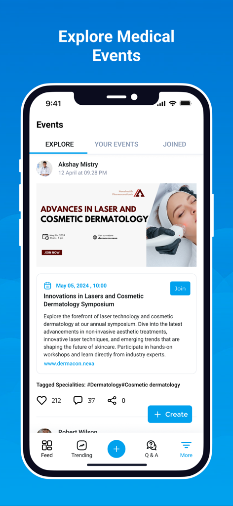 Medroll - Medical Network - Medroll app interface showing a list of medical events and conferences for healthcare professionals