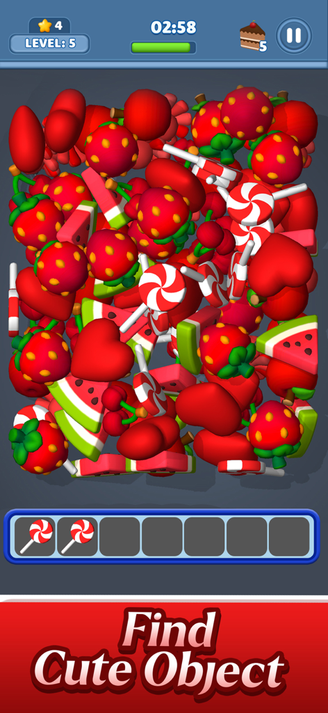 Match 3D Box gameplay screen showing a pile of colorful 3D red fruits and candies to be matched and sorted