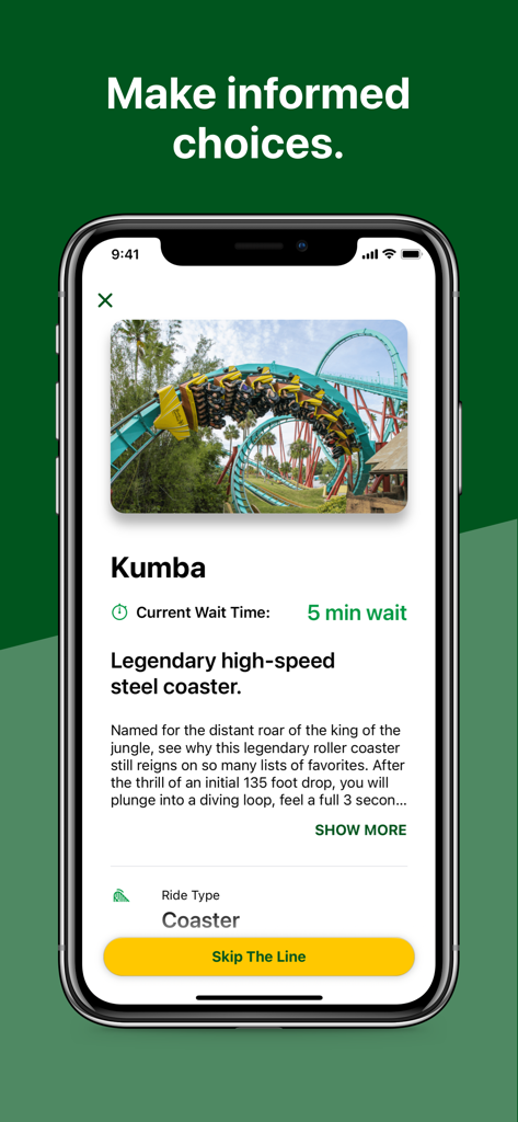 Busch Gardens - ブッシュガーデンズアプリのインターフェイスに、キンバーのジェットコースターの待ち時間と乗り物の詳細が表示されています。