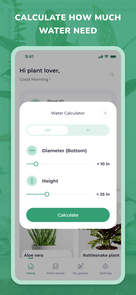 PlantID - Plant identifier++ - Interface do aplicativo PlantID mostrando uma calculadora de água com controles deslizantes para o diâmetro e a altura da planta