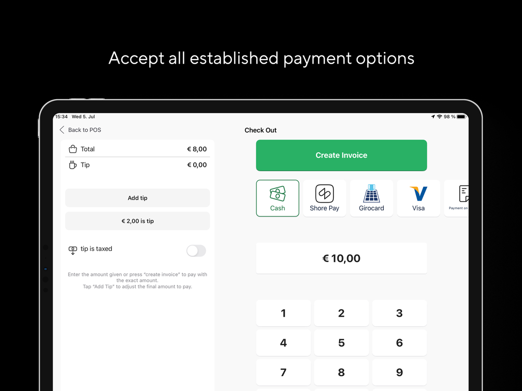 Shore POS checkout screen on iPad showing payment methods and tipping options