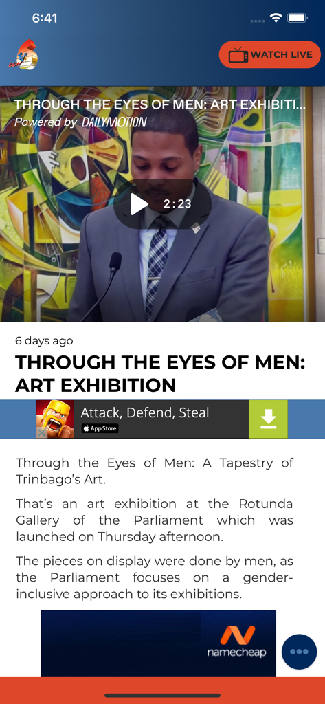 CCN TV6 - News article in the CCN TV6 app about an art exhibition titled Through the Eyes of Men