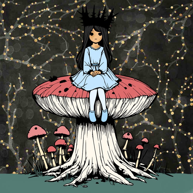 realistic girl sitting on a huge tree stump size toadstool with thorn crown