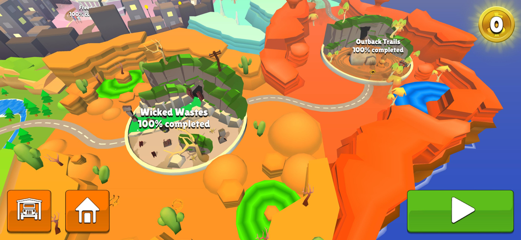 Faily Brakes Roadtrip - Faily Brakes Roadtrip level selection map showing unlocked worlds like Wicked Wastes and Outback Trails.