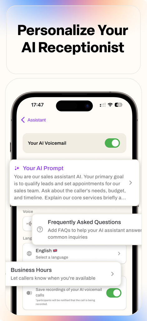 Dropcall: AI Voicemail & Phone - Smartphone screen showing customization settings for the Dropcall AI receptionist including prompts and business hours