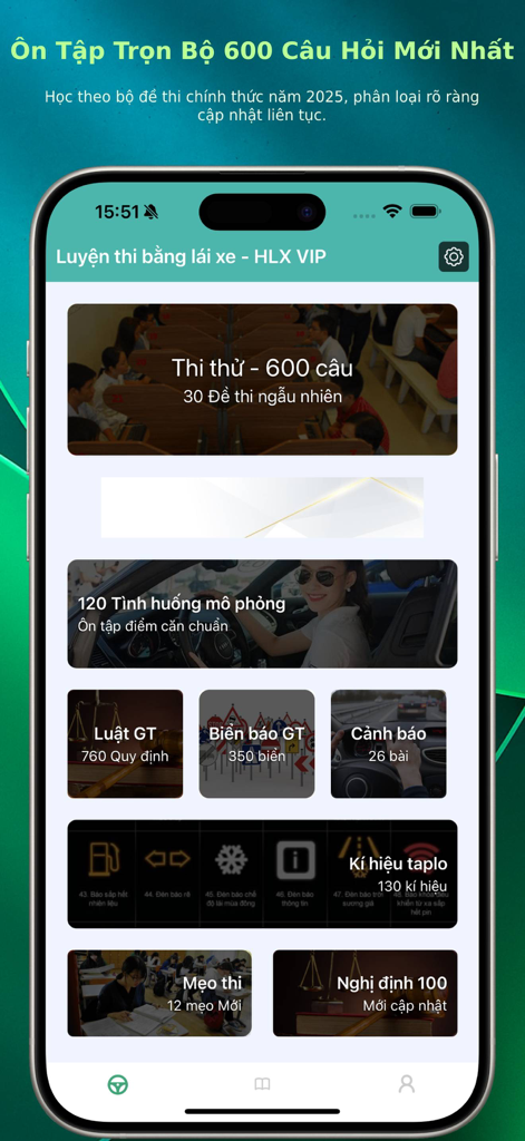 Main menu of the Vietnamese driving license 2025 study app showing 600 questions and simulation videos.