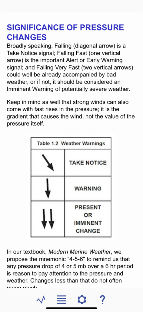 Marine Barograph - A help screen from the Marine Barograph app explaining the significance of pressure changes with a weather warnings table.