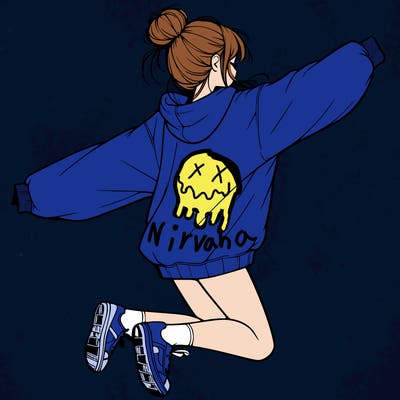 realistic girl jumping with a bun and oversized sweatshirt