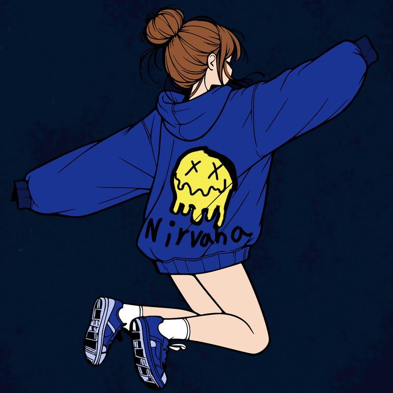 realistic girl jumping with a bun and oversized sweatshirt