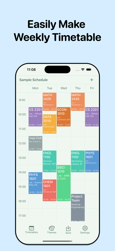 Timetable - Class Schedules - iPhone画面に表示された、色分けされた科目が記載された週刊クラススケジュール