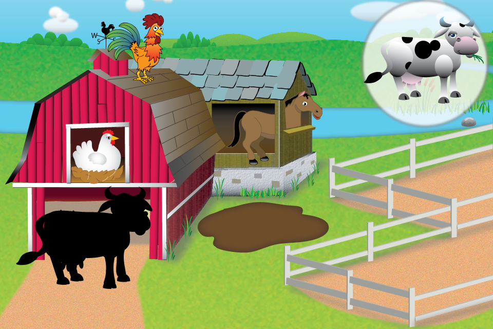Old MacDonald - A colorful farm scene from the Old MacDonald app showing a cow matching puzzle for toddlers