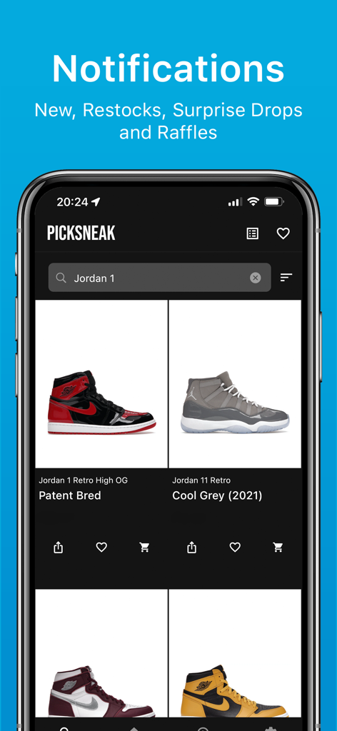 PickSneak mobile app interface showing Jordan sneakers and drop notification alerts
