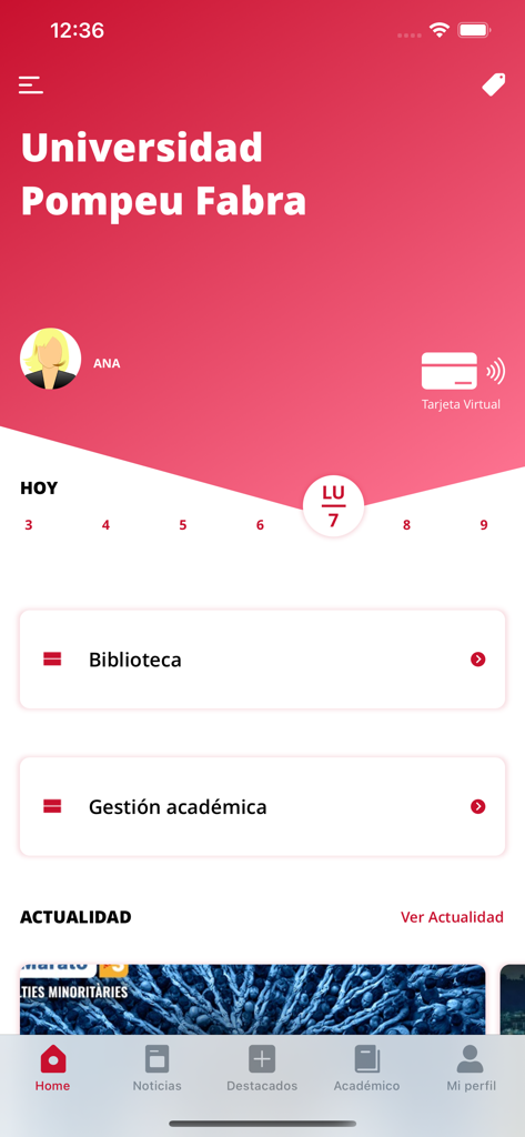 Pantalla de inicio de la aplicación universitaria UPF Mobil con panel de estudiante y carné de identidad virtual.