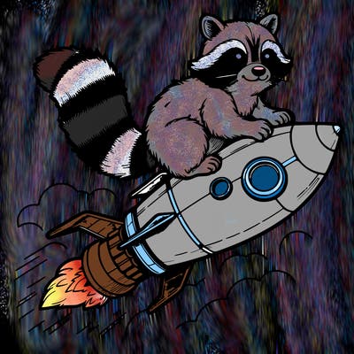 realistic raccoon flying on top rocket ship