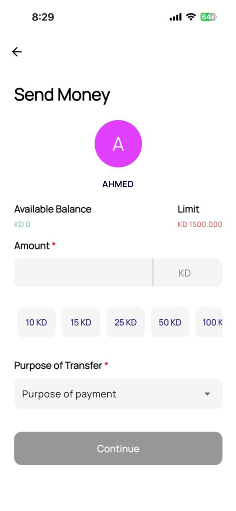 AZ eWallet - AZ eWallet mobile app interface showing the Send Money screen with Kuwaiti Dinar amount selection and recipient details