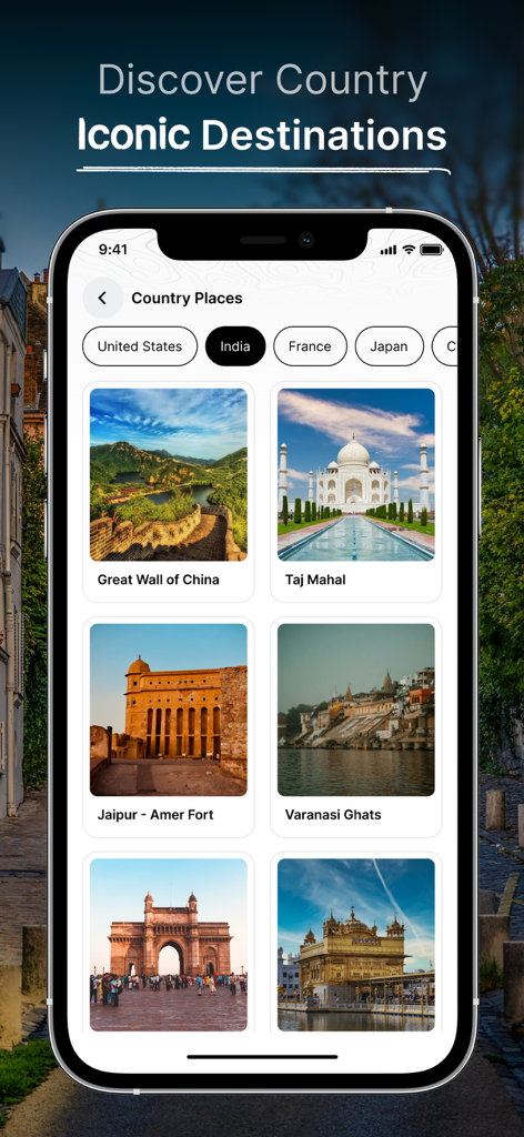 Live Earth Map - Live Camera - Interface de aplicativo móvel exibindo destinos de viagem icônicos como o Taj Mahal e o Forte Amer sob a categoria Índia.