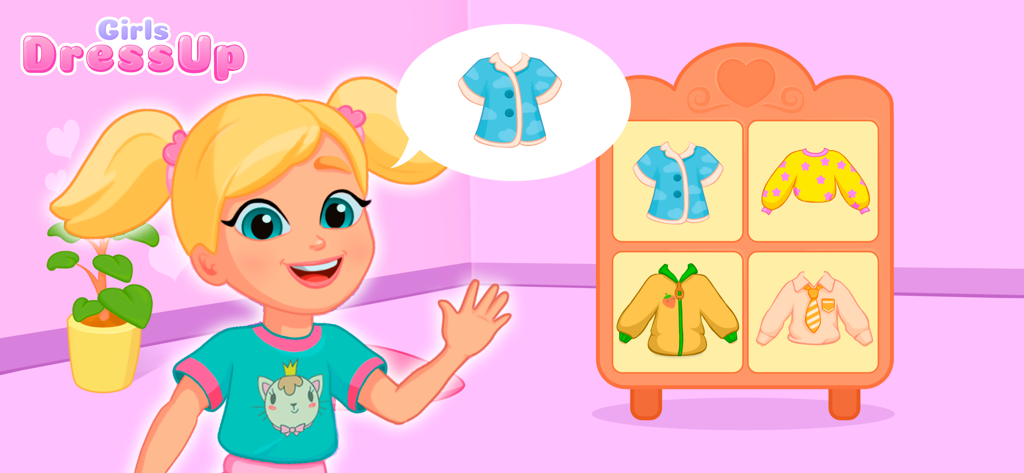 Dress Up Games for Kids: Girls - Una niña de dibujos animados saludando junto a un armario con diferentes opciones de ropa en un juego de vestir para niños