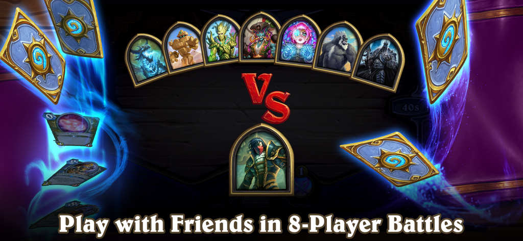 Hearthstone Battlegrounds mode screen showing 8-player battle setup with Warcraft characters