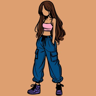 girl in baggy pants crop top and long hair