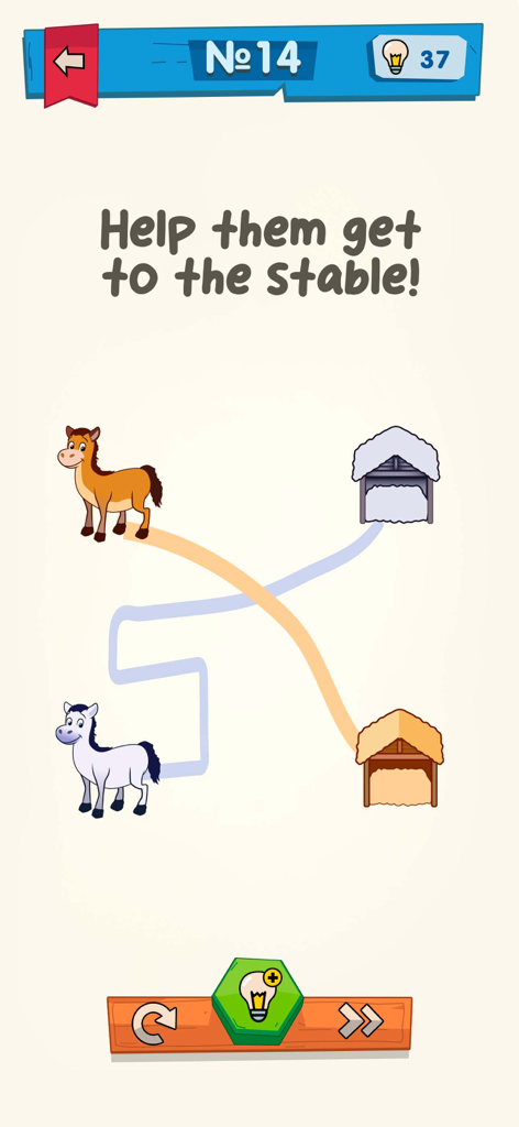 IQ Boost: Training Brain Games - Um quebra-cabeça de lógica colorido do IQ Boost onde os cavalos devem ser guiados para seus estábulos.