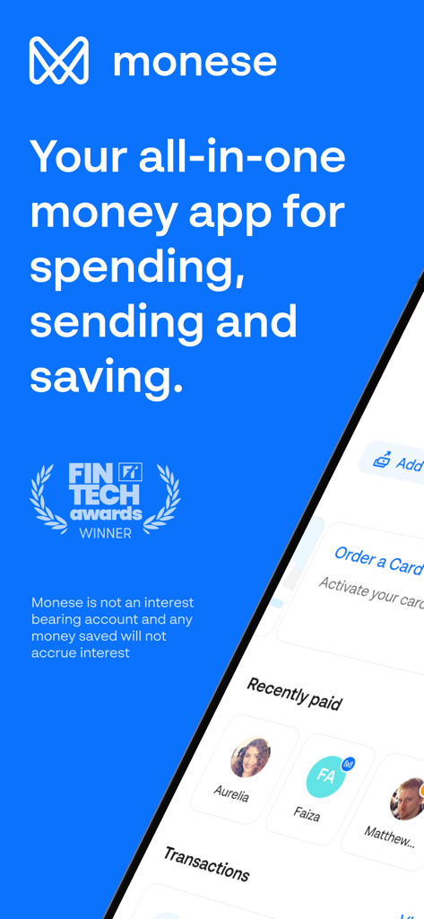 Monese Mobile-Banking-App-Schnittstelle mit dem Slogan Ausgeben, Senden und Sparen