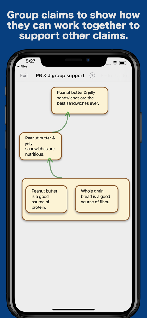 ArguMap Pro - Map Arguments - ArguMap Pro screen showing grouped premises supporting a conclusion with green arrows.