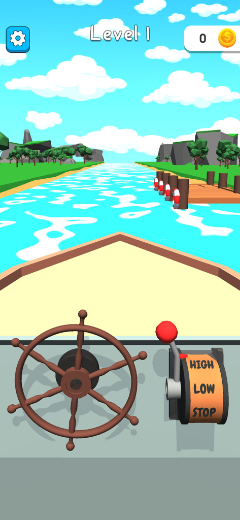 First-person view of boat steering wheel and throttle controls navigating a river