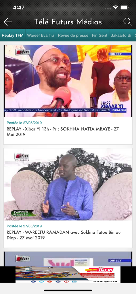 GFM & Vous - TFM replay section within the GFM and Vous mobile app showing Senegalese television content.