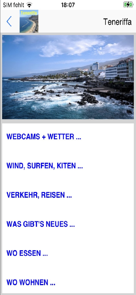 Teneriffa App für den Urlaub - Main menu of the Tenerife vacation app showing categories for weather windsurfing and local information
