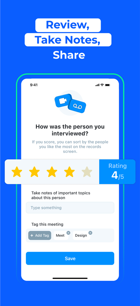 Interface do aplicativo AI Note Taker Flick mostrando uma tela de revisão de entrevista com classificações por estrelas, entrada de notas e tags de reunião.