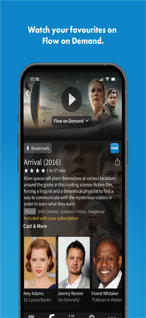 Hub TV App interface showing movie details for Arrival on Flow on Demand.